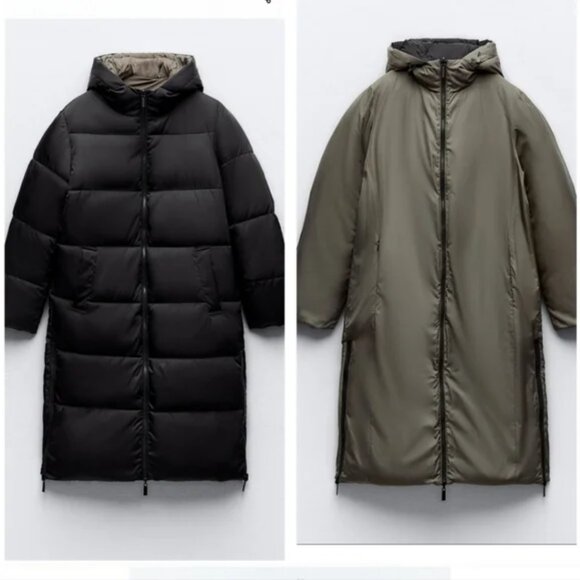 New Zara Long Reversible Puffer Anorak Black/Green Puffer Jacket Coat XS NWT - Picture 3 of 15